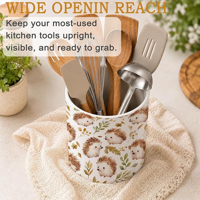 Ceramic Kitchen Utensil Holder for Countertop,Cute Hedgehog Large Utensil Crock for Kitchen Counter,Cooking Utensil Organizer for Spatulas,Spoons