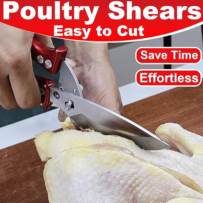 Heavy Duty Poultry Scissors - All Purpose Kitchen Shears for Chicken, Fish & Meat - Easily Separable, Dishwasher Safe (Red)