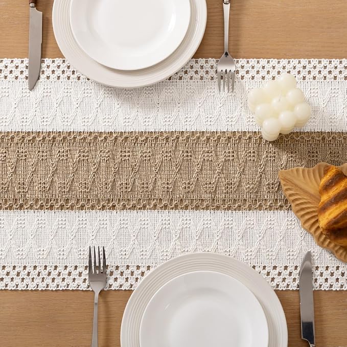 Socomi Boho Table Runner Summer Farmhouse Rustic Dining Kitchen Centerpiece Decor Small Macrame Woven Cotton Linen Coffee Table Runner for Dresser Scarf Home Decor 12x60 inch