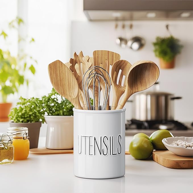 Barnyard Designs Ceramic Farmhouse Kitchen Utensil Holder for Countertop, Decorative Kitchen Utensil Crock for Counter, Spatula Holder, 7" (White)