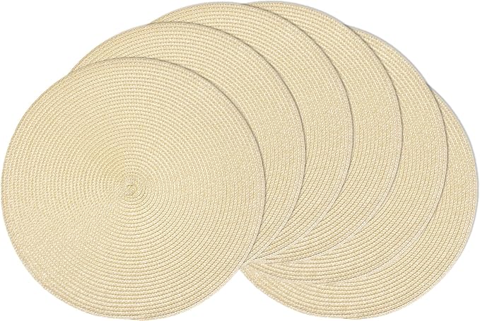 AHHFSMEI Round Placemats Set of 6 Heat Resistant Washable Non-Slip Woven Braided Table Mats for Dining Table Kitchen & Home Decor (Beige)