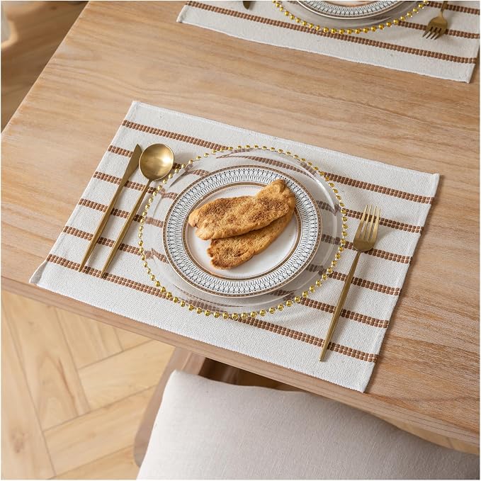 Caflife Boho Farmhouse Placemats Set of 4, Brown Stripes Cotton Linen Woven Table Mats for Modern Dining Table, 13x19 Inch Rustic Kitchen Decor Place Mats