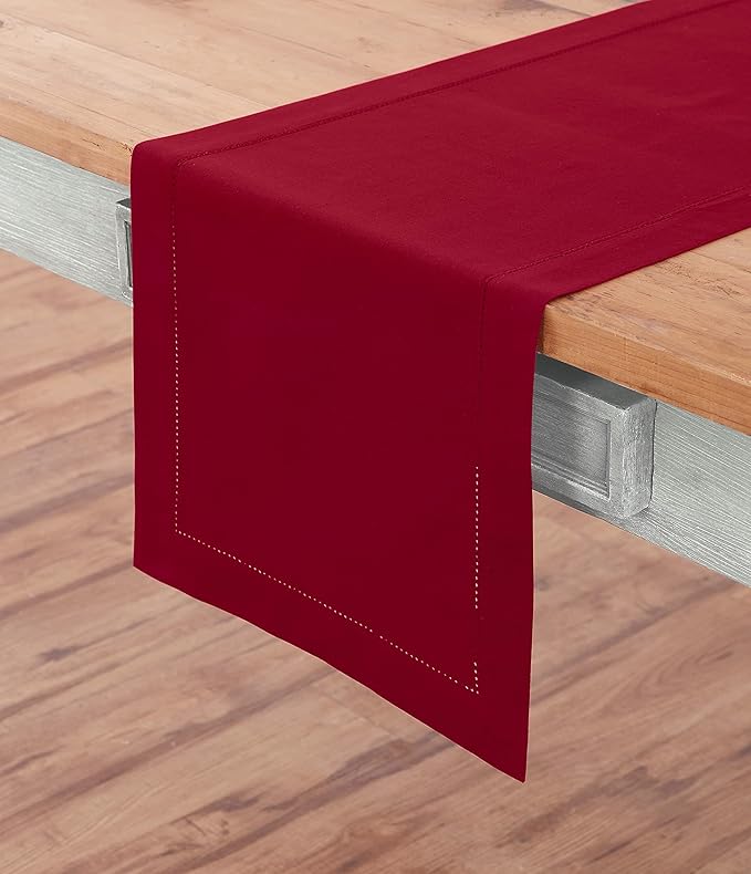 Solino Home Cotton Linen Red Table Runner 90 Inches Long - Hemstitch 14 x 90 Inch Table Runner for 4th of July