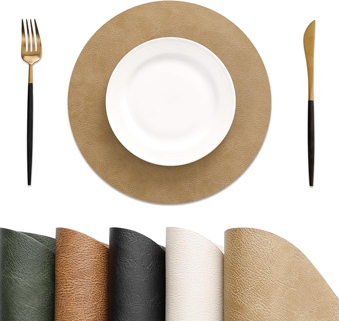 MOSAYT 13 Inch Round Vinyl Placemats Set of 6 - Faux Leather 100% Waterproof Oil-Proof Wipeable PU Place Mats, Heat Resistant Reversible Table Mats for Kitchen, Dining, Outdoor, Camel