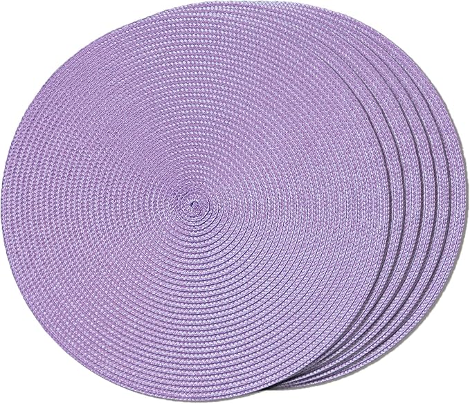 FunWheat Round Braided Placemats Set of 6 Table Mats for Dining Tables Woven Washable Non-Slip Place mats 15 inch(Lilac Purple, 6pcs)