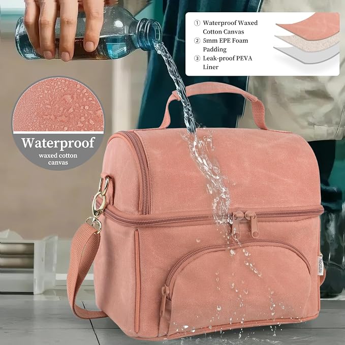 Waxed Canvas Lunch Bag with 2 XL Ice Packs, Canvas Lunch Box, Lunch Cooler for Men Work, 10.5L 2 Compartments Insulated Leakproof Cooler Bags for Camping, Beach and Road Trips