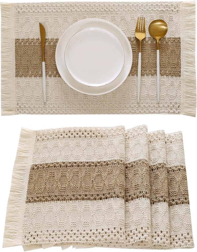 Farmhouse Placemats Set of 4 with Fringe Boho Placemats Macrame Table Decor Woven Placemats in Natural Burlap for Kitchen and Dining Table Centerpiece Home Decorations, Khaki