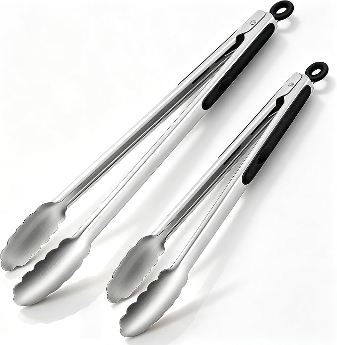 Grill Tongs, BBQ tongs - 12" & 17" Extra Long Kitchen Tong, 600 Degrees Heat Resistant Stainless Steel tong, Heavy Duty Metal Locking Tongs for Cooking, Grilling, Outdoor Barbecue, Set of 2