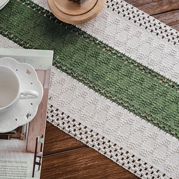 Macrame Table Runner Cream Beige and Green Boho Table Runners with Tassels Hand Woven Cotton Table Runner Rustic Farmhouse Table Runners for Bohemian Kitchen Dining Table(12x36in)