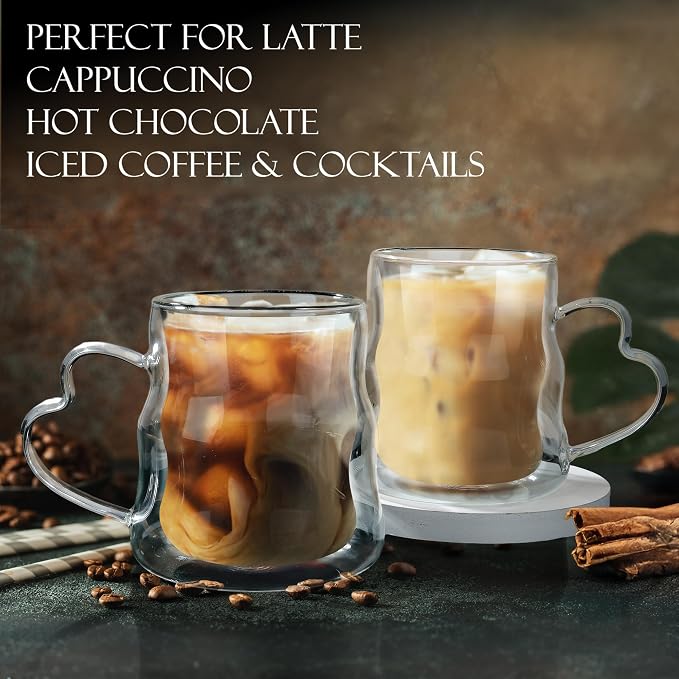 Joeyan 16.9oz Double Wall Glass Coffee Mugs Set of 2, Wave Clear Coffee Mug with Heart Handle, Large Latte Cappuccino Tea Espresso Cup, Heat Resistant Insulated Drinking Glassware for Hot Cold Drinks