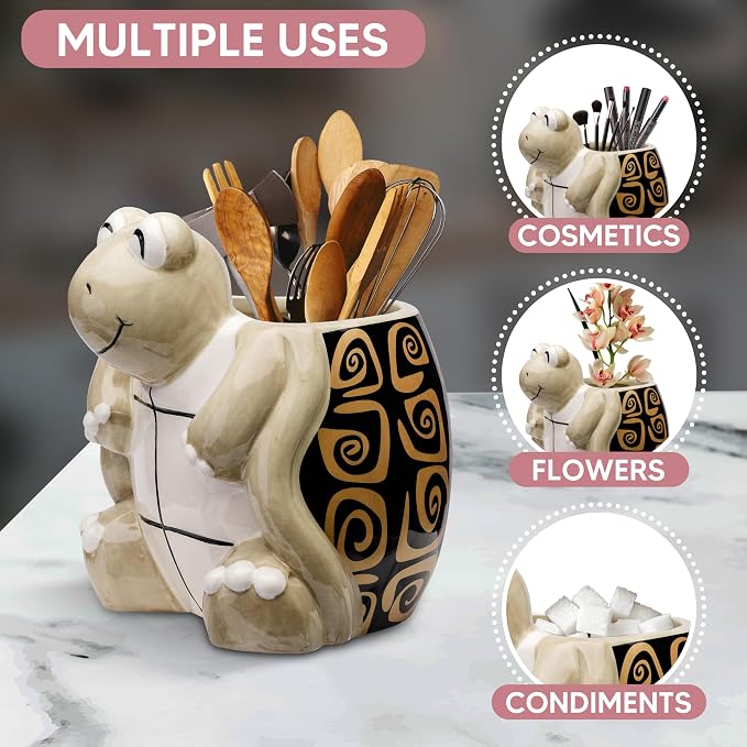 Turtle Kitchen Utensil Holder - Sea Turtle Storage Crock - Tortoise Home Decorations - Gift Decor - Office Holiday Theme Party Accessories - Lucky Gold Spirals