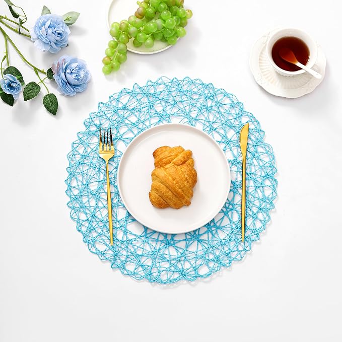IcosaMro Sky Blue Round Placemats Set of 6 for Dining Table, 15 Inch Paper Woven Boho Decorative Circle Place Mat for Wedding Christmas Thanksgiving Day Holiday Dinner, 15 Inch, Sky Blue