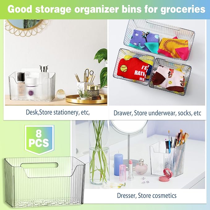 SiliFine 8 Pcs Storage Organizer Bins Wall Mounted Organizer Basket Plastic Cabinet Door Bins Stackable Hanging Baskets for Organizing for Wall Refrigerator Kitchen Bathroom Pantry(3.94'',Clear)