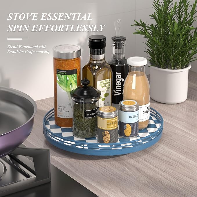Premium Rubber Wood Lazy Susan Turntable, Blue White Checkerboard Decorative Serving Tray, Hand-Welded Metal Railing, Stable Rotating Organizer for Dining Table, Kitchen Counter, Coffee Table Decor