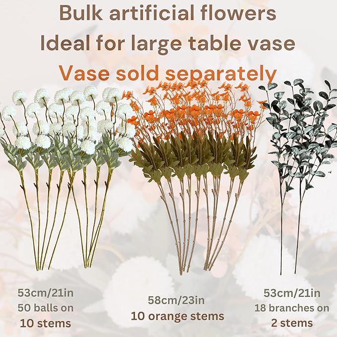 RyddeligHome Artificial White Kiku & Orange Wax Flowers, 22 Long Stems Bulk Silk Flowers for Vases, Spring Floral Stems Arrangements for Home Decor, Centerpieces for Tables, Rustic Decorations