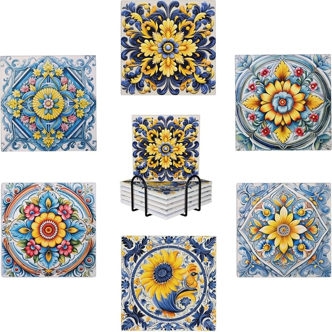 Coaster for Drinks Set of 6, Blue Vintage Spanish Ceramic Floral Absorbent Round Ceramic Stone Mat, with Cork Base and Metal Holder, Gift for Housewarming Room Bar Decor (Ornate Mosaic Tile-5)