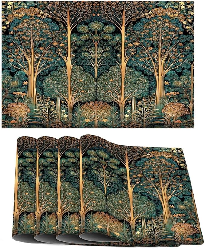 Vintage William Morris Placemats Set of 4 Whimsical Forest Landscape Washable Heat Resistant Place Mats for Dining Table Rustic Woodland Tree Botanical Woven Wipeable Kitchen Table Mats