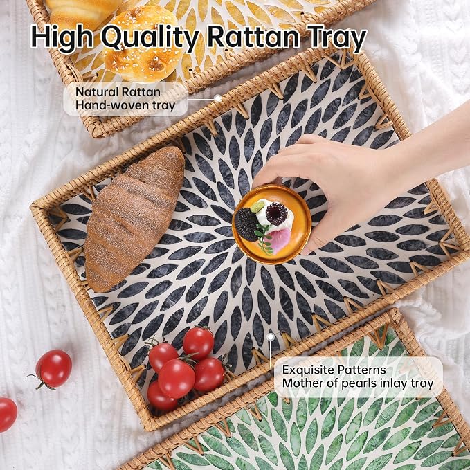 Rectangle Rattan Tray with Mother of Pearl Inlay, Rattan Serving Tray with Handle for Coffee, Bread, Fruits, Snacks, Decorative Wicker Tray for Table Decor (Rectangle Black Leaf, 13"×9")