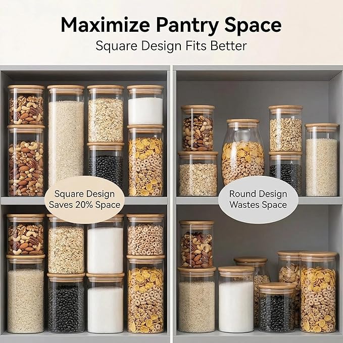 Airtight Glass Storage Containers with Lids Set of 6, 25 /37 /50oz Square Glass Jars with Bamboo Lids, Kitchen Canister Set for Pantry Organization Food Storage for Flour Sugar Rice Pasta Cereal