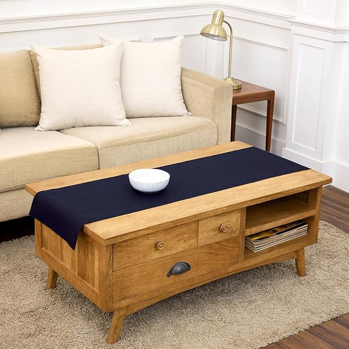 Solino Home Linen Navy Blue Table Runner 48 Inches - 100% Pure Linen Small Table Runner 14 x 48 Inch Ideal for Dresser and Coffee Tables - Spring, Summer, 4th of July - Fete