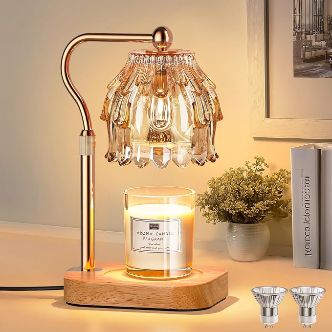 Candle Warmer Lamp with Timer Dimmer, Modern Wax Warmer for Scented Wax Jar Candle Warmer with 2 Bulbs, Adjustable Height Glass Lamp for Gifts for Women, Home Decor, Gold Amber