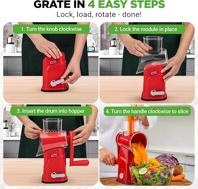 NutriChef 5 in 1 Cheese Grater & Shredder | 5 Different Blades for Thin, Thick, Julienne Strips, Wavy, & Straight Strips | Includes Hand Crank, Strong Suction Base & Storage Container | Red
