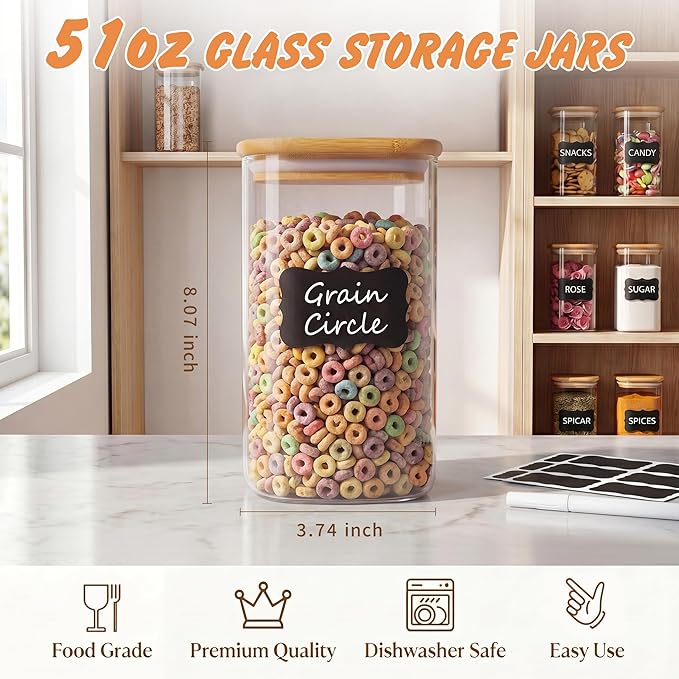SENTVEND 51 Oz Glass Storage Jars with Bamboo Lids - 3 Pack Clear Glass Canisters Square Airtight Stackable Ideal for Pantry Storage Containers Great for Storing Oats Coffee Beans Pasta Flour Rice etc