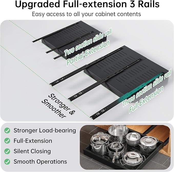 Pull out Cabinet Organizer, 1 pack, 20.5" Deep Heavy Slide out Drawers, Upgrade Three Triple-Slide Rail Systems, Expandable 12.8"-20.8" Roll out Shelf Storage for Kitchen Base Cabinet Organization