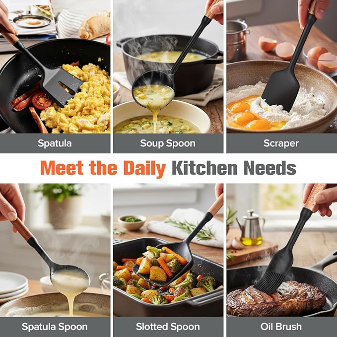 Silicone Utensils Set of 7 with Wooden Handle for Cooking&Baking,No Scratch for Nonstick Cookware,Spatula Spoon,Soup Ladle,Basting Brush,Baking Bowl Scraper,Skimmer,Slotted Spatula,BPA Free (Black)