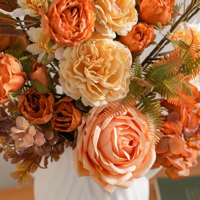17-inch Artificial Fake Flowers Silk Flower Arrangements Faux Bouquets Consists of Ranunculus, Wild Chrysanthemums, Roses, Hydrangeas and Some Filler Greens