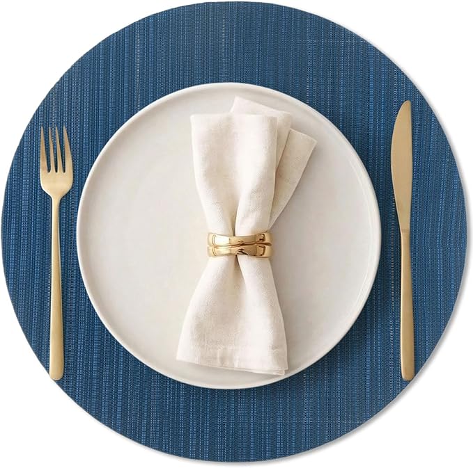 AHHFSMEI Round Placemats Set of 6 Woven Vinyl Non-Slip Heat Resistant Stain Resistant Easy Clean Place mats for Dining Table(Blue)