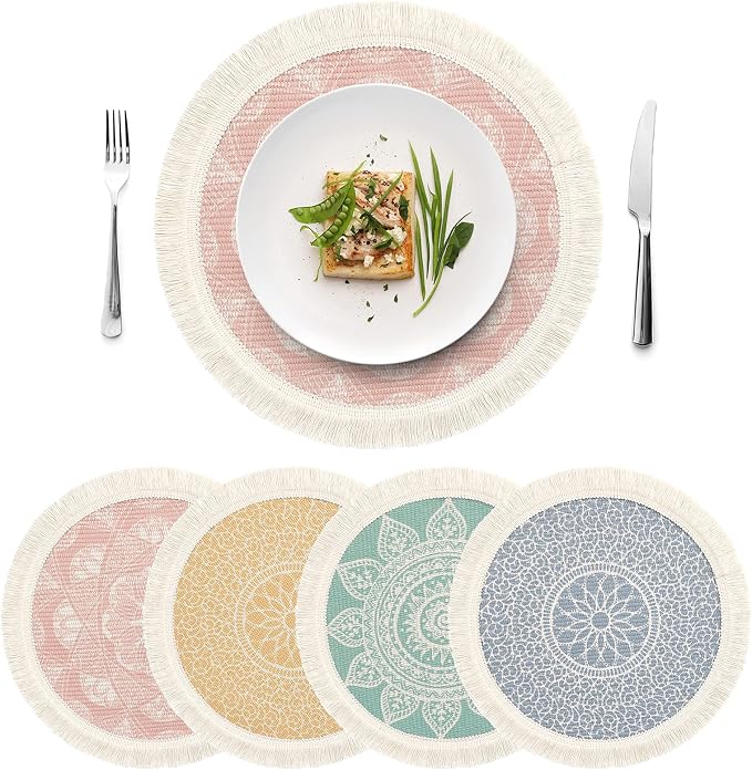 LOMOHOO Set of 4 Round Placemats 13 Inch Table Mats Boho Cotton Woven Mandala Tassels Heat Proof Washable Circle Place Mat for Kitchen Dining Wedding Farmhouse Home Decoration Colorful-4pcs