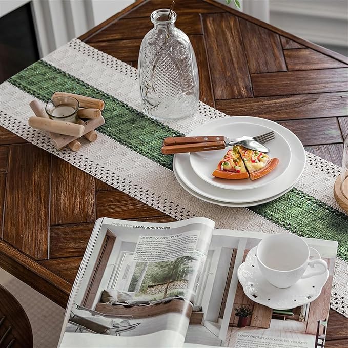 Macrame Table Runner Cream Beige and Green Boho Table Runners with Tassels Hand Woven Cotton Table Runner Rustic Farmhouse Table Runners for Bohemian Kitchen Dining Table(12x36in)