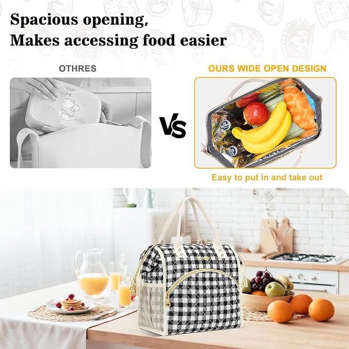 LOKASS Insulated Lunch Bag Women- Reusable 10 L Lunch Box for Women - Leakproof Tote Cooler Bag for Adults Work, Beach, Travel, Picnic （Black&White Diamond Grid）