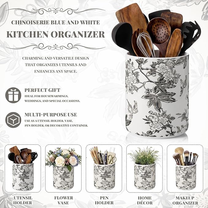 Suclain Vintage Floral Ceramic Utensil Holder 6.3 Inch Rustic Kitchen Crock Country Chinoiserie Gray Floral Countertop Storage Organizer for Spatulas and Spoons Elegant Home Cooking Unique Gift Idea