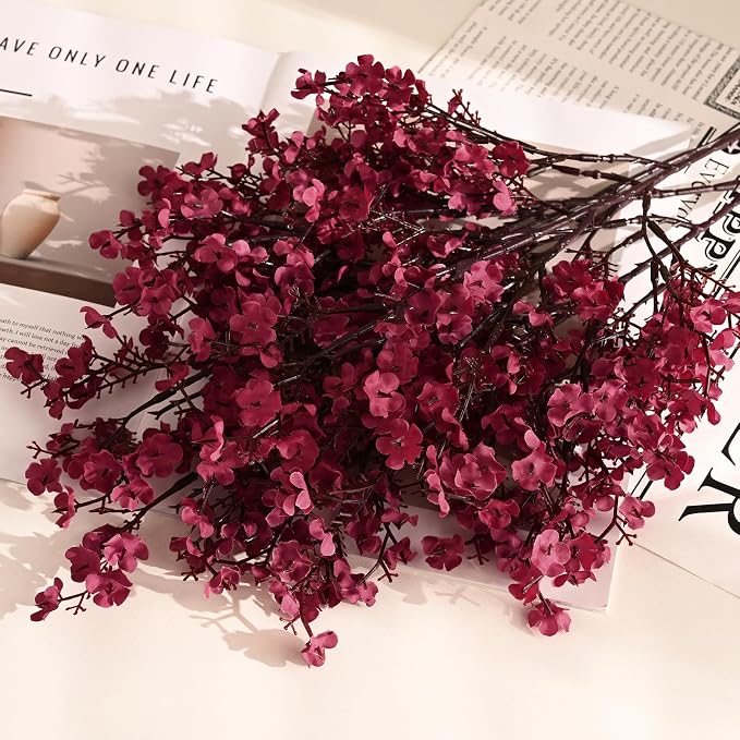 Waipfaru 15Pcs Fake Flowers Babys Breath Silk Artificial Flowers Gypsophila Bouquets Bulk Real Touch Fall Stems for Fall Thanksgiving Autumn DIY Floral Arrangement Table Centerpieces, Wine Red