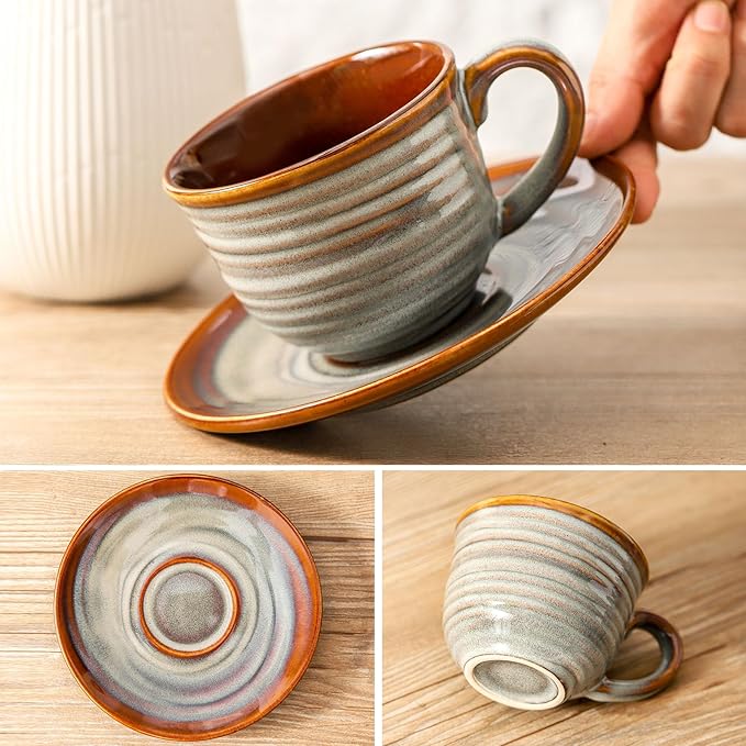 Ceramic Espresso Cups with Saucers 8 Oz,Set of 4 Cappuccino Mug with Handle for Coffee,Tea,Latte and Macchiato,Porcelain Demitasse Cups Set for Kitchen and Cafe,Christmas Gift,Brown
