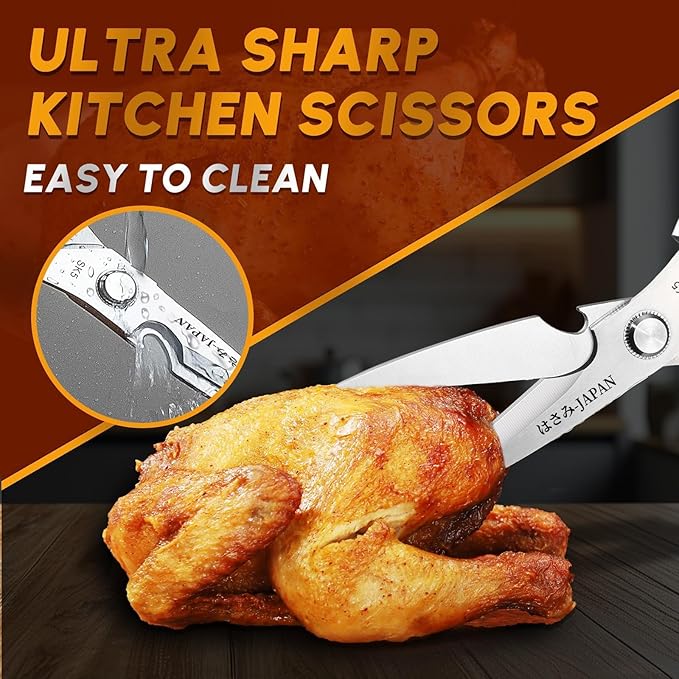 HUUSK Kitchen Scissors Set Silver - Upgraded Stainless Steel Kitchen Shear, Sharp Meat Scissors Dishwasher Safe, Heavy Duty Poultry Shears, Japanese Cooking Scissor for Food, Christmas Gifts for Women