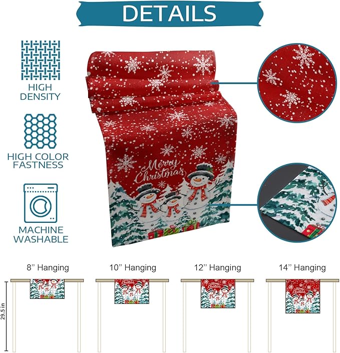 Christmas Table Runner - 36 Inch Long, Snowman Dining Tablerunner Xmas Tree Kitchen Dresser Scarves, Winter Snowflake Farmhouse Red Merry Christmas Decor for Coffee Table Wedding Party Banquet