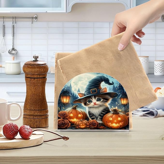 Halloween Cat Pumpkin Lantern Napkin Holder for Tables Paper Cocktail Napkin Holders for Kitchen Dinning,Acrylic Dinner Napkin Dispenser for Restaurant Home Decor Bar Accessories 1 Pack