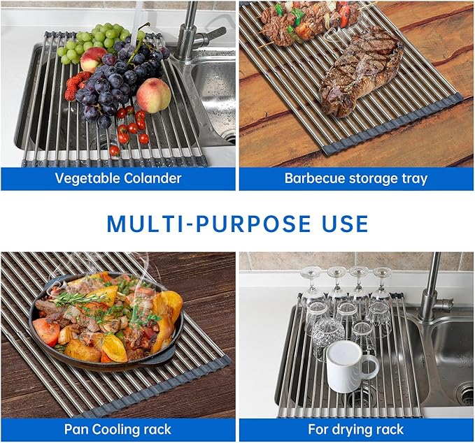 CHIRISEN Expandable Large Roll Up Dish Drying Rack 18 Tube 21.25x12.79''Collapsible Over The Sink Rack Non-Slip Silicone Rolling Dish Drainer Stainless Steel Roll Rack for Kitchen Sink Counter (Gray)