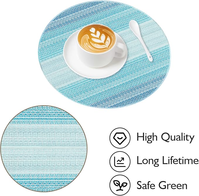 Niviy Round Placemats, Placemats Set of 4, 15 Inch Washable Place Mats Easy to Clean Heat Resistant Table Mats Wipeable Placemat for Holiday Party Kitchen Dining Table Decoration, Blue