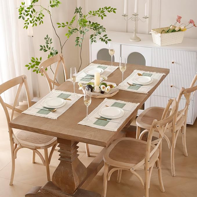Green Placemats Set of 4 Macrame Table Decor with Fringe Boho Farmhouse Woven Table Placemats in Natural Burlap for Kitchen and Dining Table Centerpiece Home Decorations