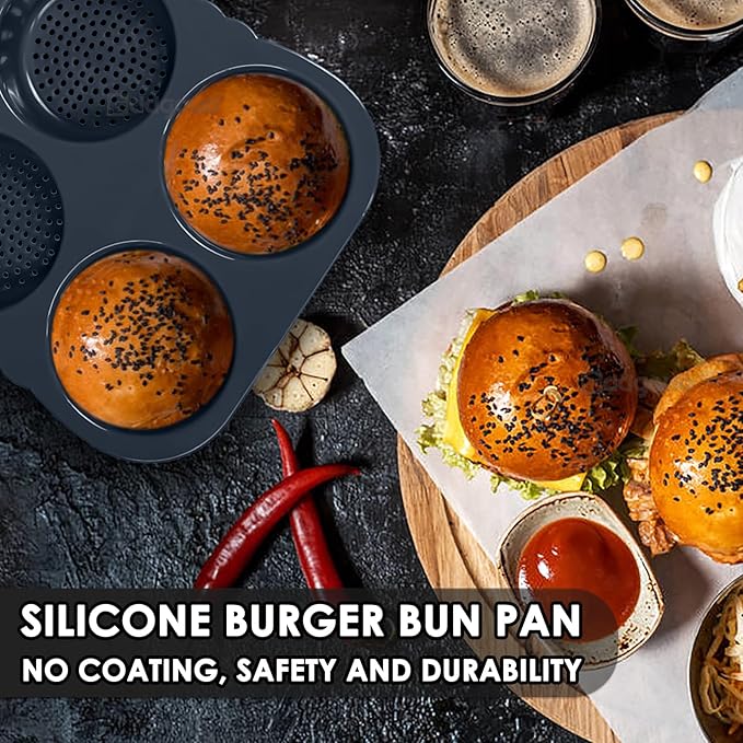 Hamburger Bun Pan, 4 Inch Silicone Hamburger Bun Mold, 6 Cup Big Baking Pan for Homemade Hamburger Buns, Dishwasher Safe