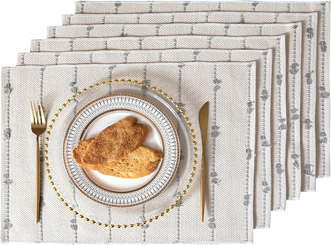 Boho Placemats Set of 6 for Dining Table Decor, Woven Cloth Place Mats for Farmhouse Rustic Kitche Home Decor, Cotton Placemats 13 x 19 Inch, Grey and Beige Table mats
