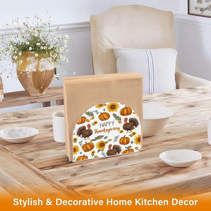 Napkin Holder Acrylic Napkin Holder for Table Kitchen Party Restaurant U Shaped Upright Napkin Dispenser Organizer Thanksgiving Turkeys Sunflowers White