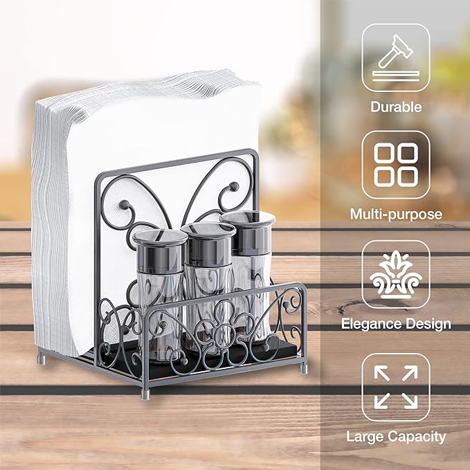 Napkin Holder – Metal Napkin Storage with Salt and Pepper Caddy (Shakers Not Included), Modern Napkin Dispenser for Table or Kitchen Countertop, Servilletero for Farmhouse Décor