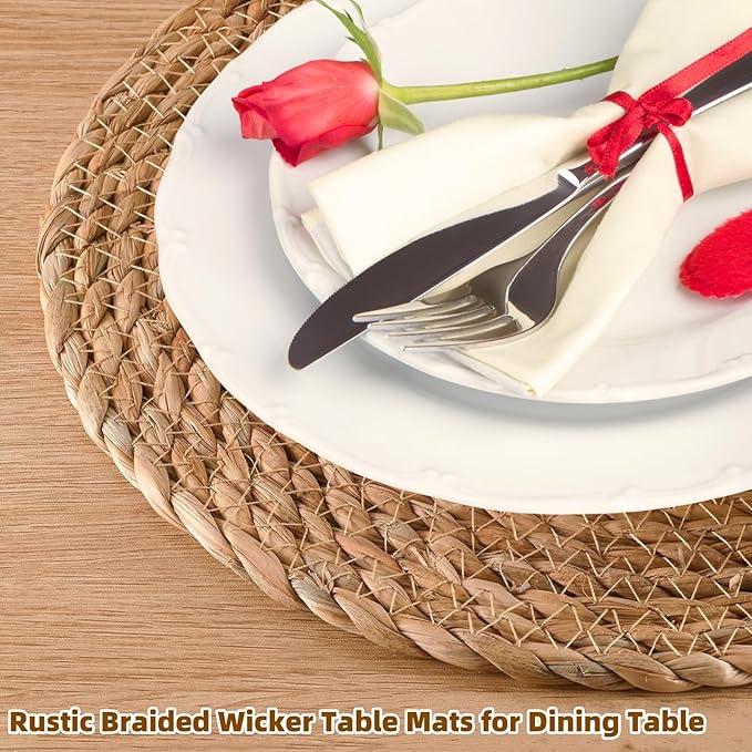 Woven Placemats Set of 10, 13.5" Round Rattan Placemats, Natural Water Hyacinth Place mats, Farmhouse Weave Place Mats, Rustic Braided Wicker Table Mats for Dining Table, Home, Outdoor