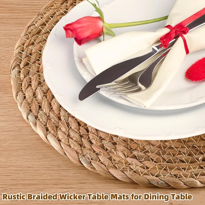 Round Woven Placemats Set of 4, 12" Boho Rattan Chargers for Dinner Plates, Natural Farmhouse Weave Place Mats, Rustic Braided Wicker Table Mats for Dining Table, Home, Outdoor