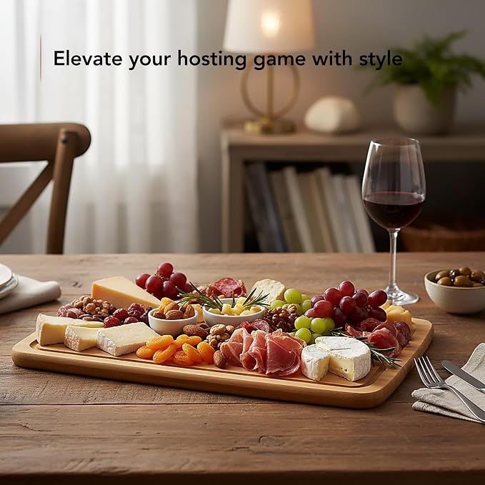 OVENTE Charcuterie Board with Clear Locking Lid and Black Handles, 16.5" x 12.6" Bamboo Food Serving Tray, Portable Cheese Cutting Board for Entertaining or Picnic, House Warming Gifts, Brown B011713B